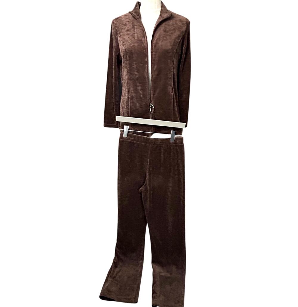 Vintage Y2K Brown Velour Tracksuit Matching Set Zip Jacket Flare Pants 2000s SM